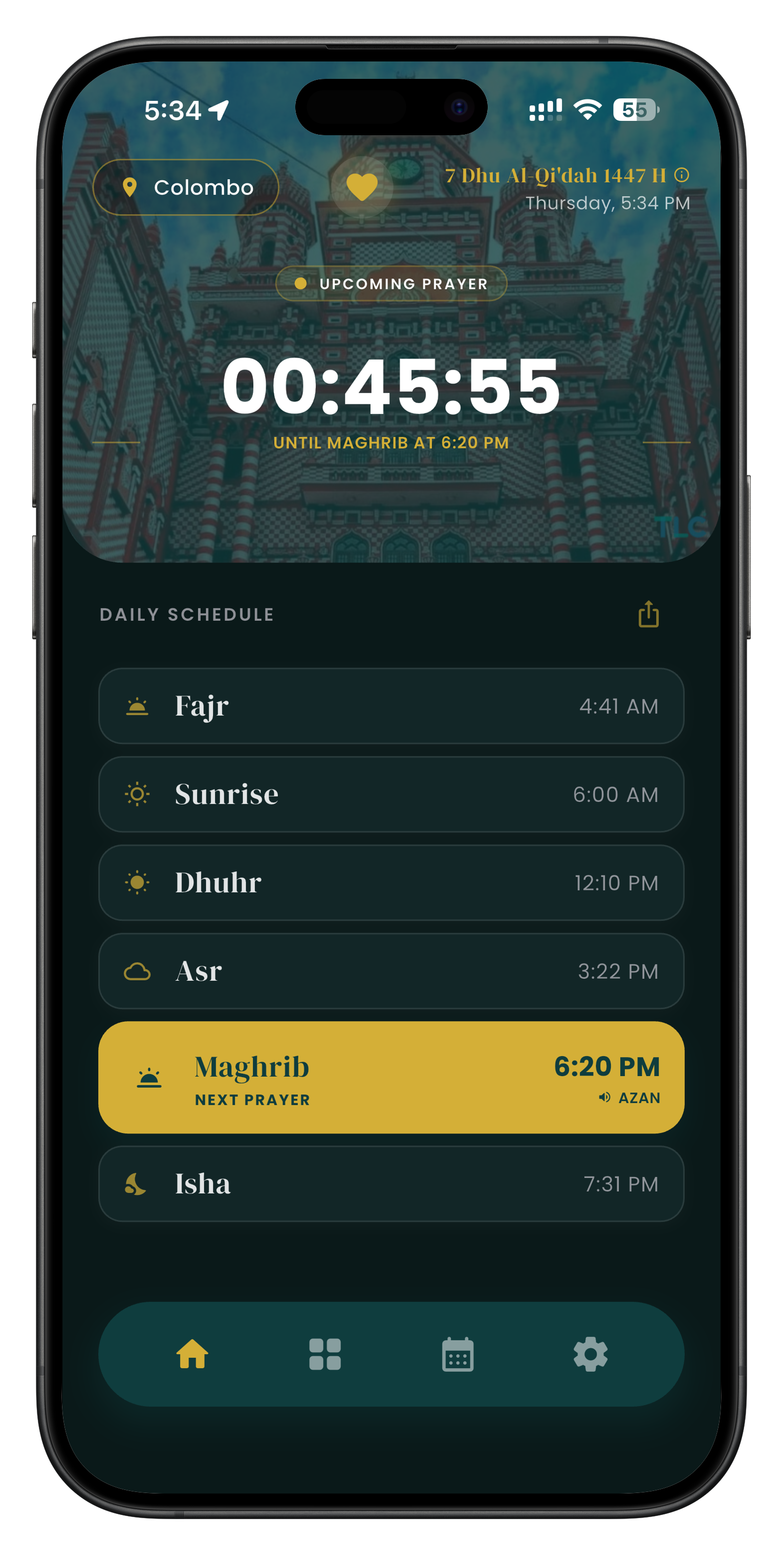 Sri Lanka Prayer Times app showing today's prayer times