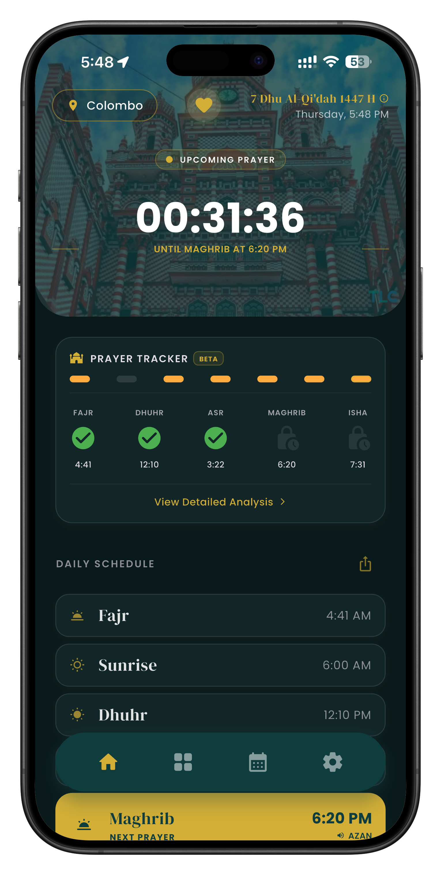 Salah tracking screen in the app