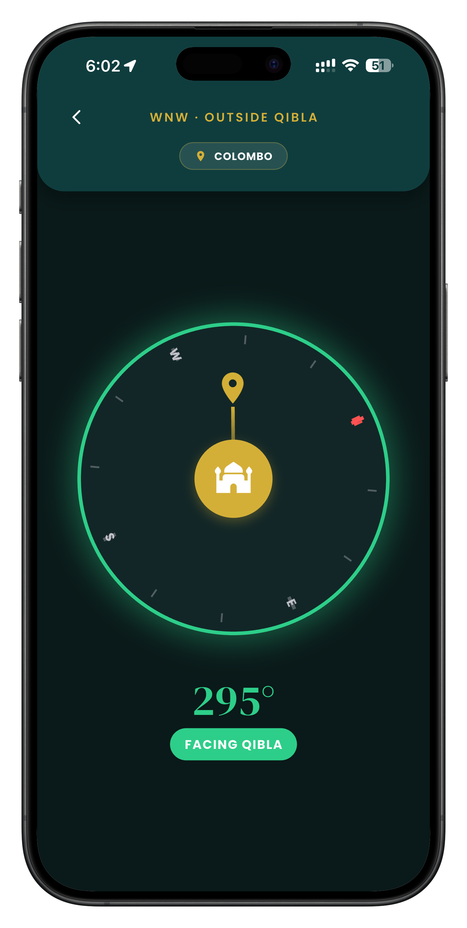 Qibla finder compass screen