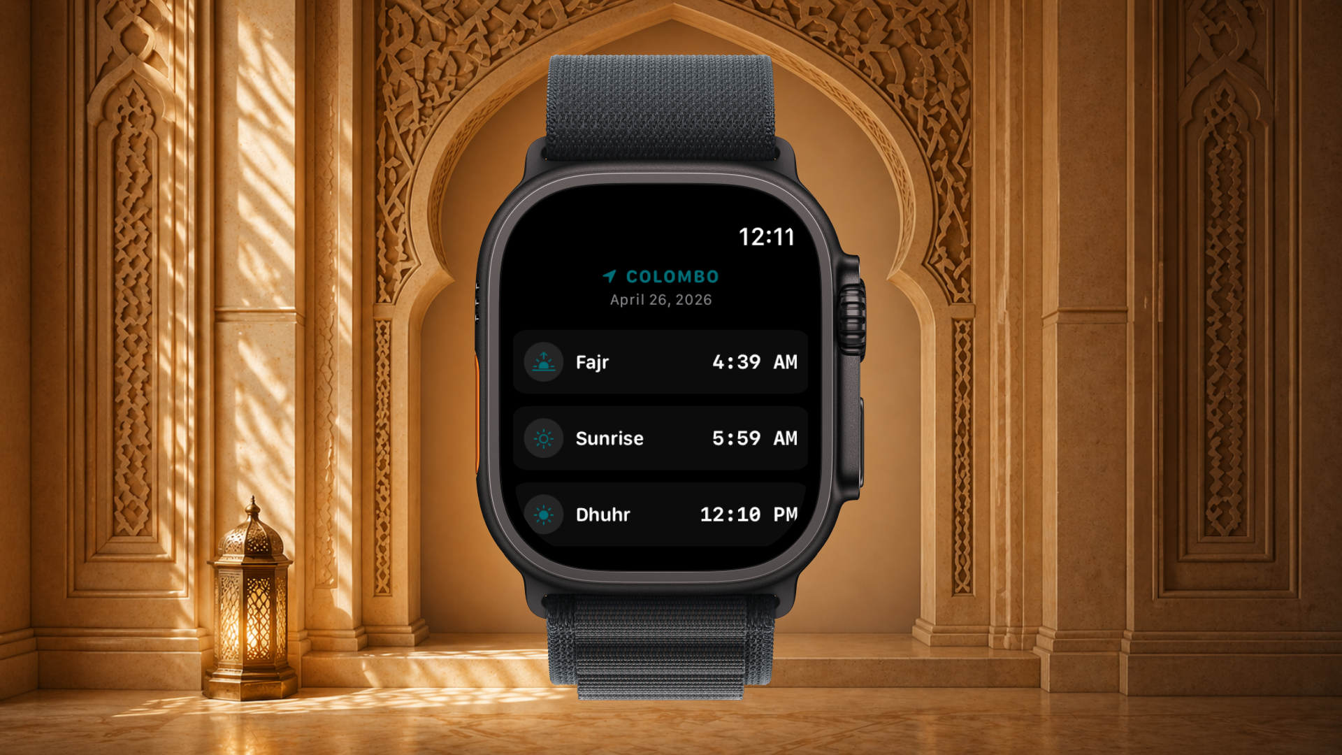 Apple Watch version of Sri Lanka Prayer Times showing Colombo prayer times