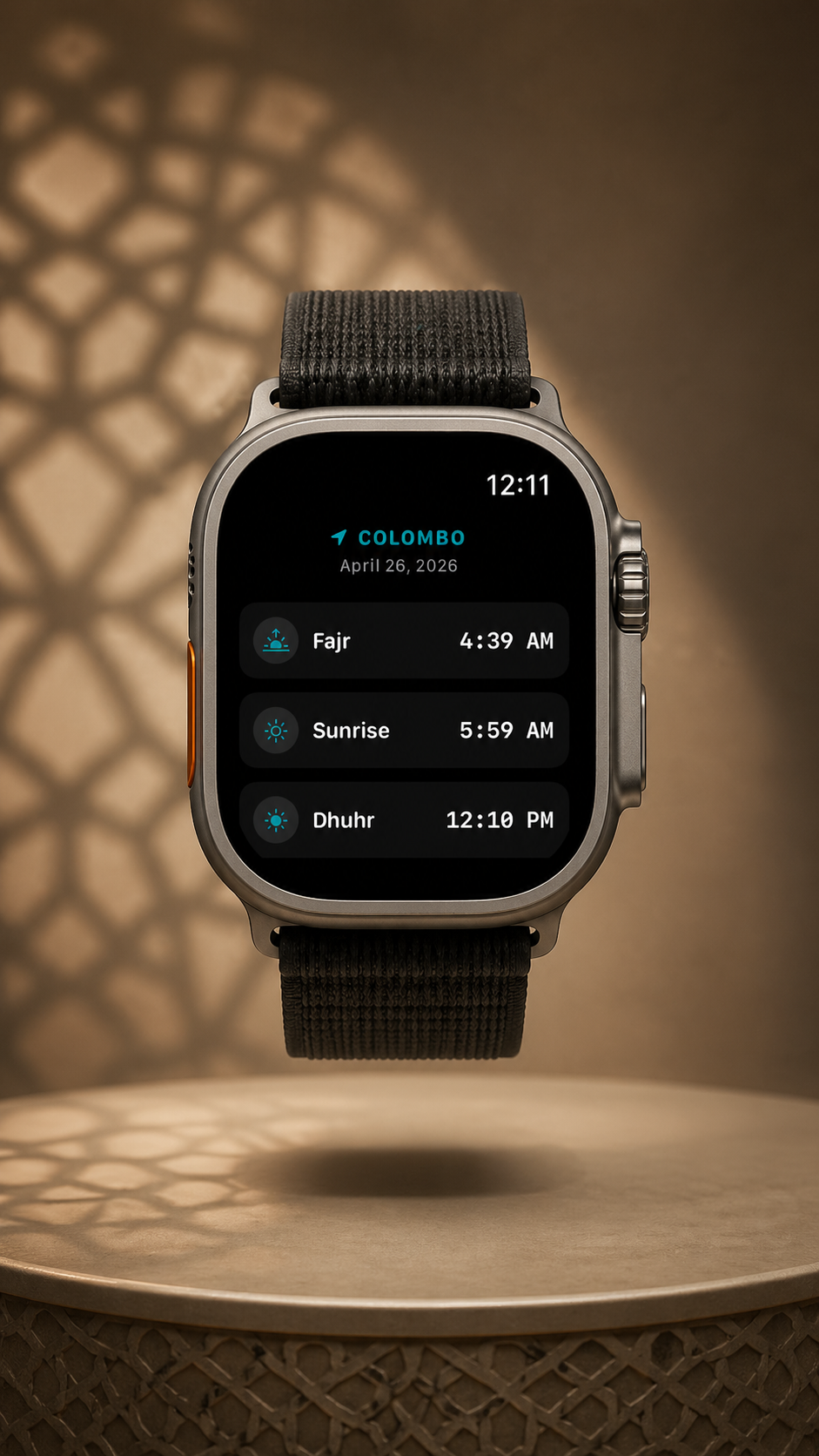 Apple Watch Ultra displaying Colombo Fajr, Sunrise, and Dhuhr prayer times